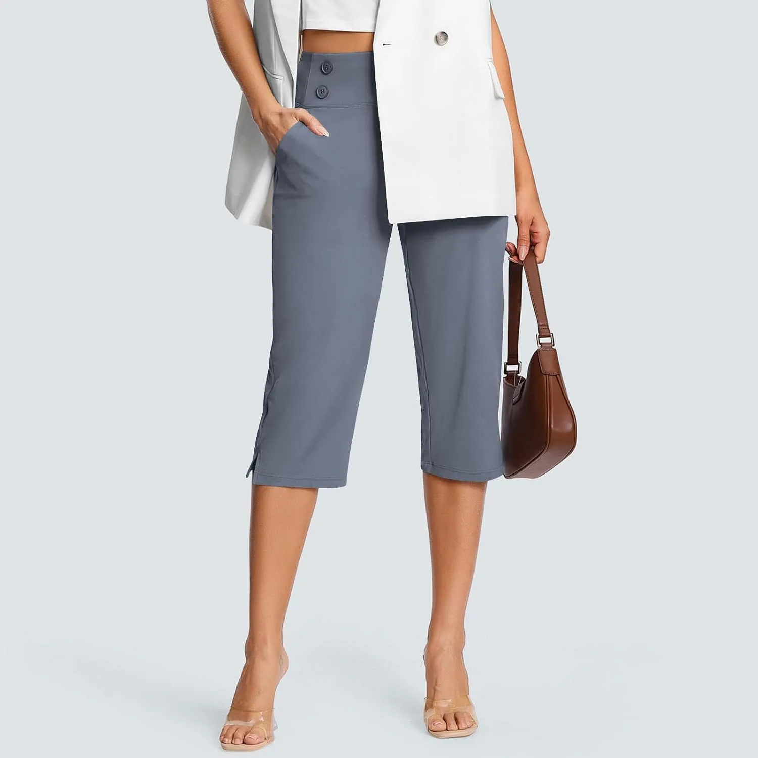 Work Pants Women Elastic Waist Summer Pants for Women with Pockets Button Casual Straight Leg Pull On Capri Trousers