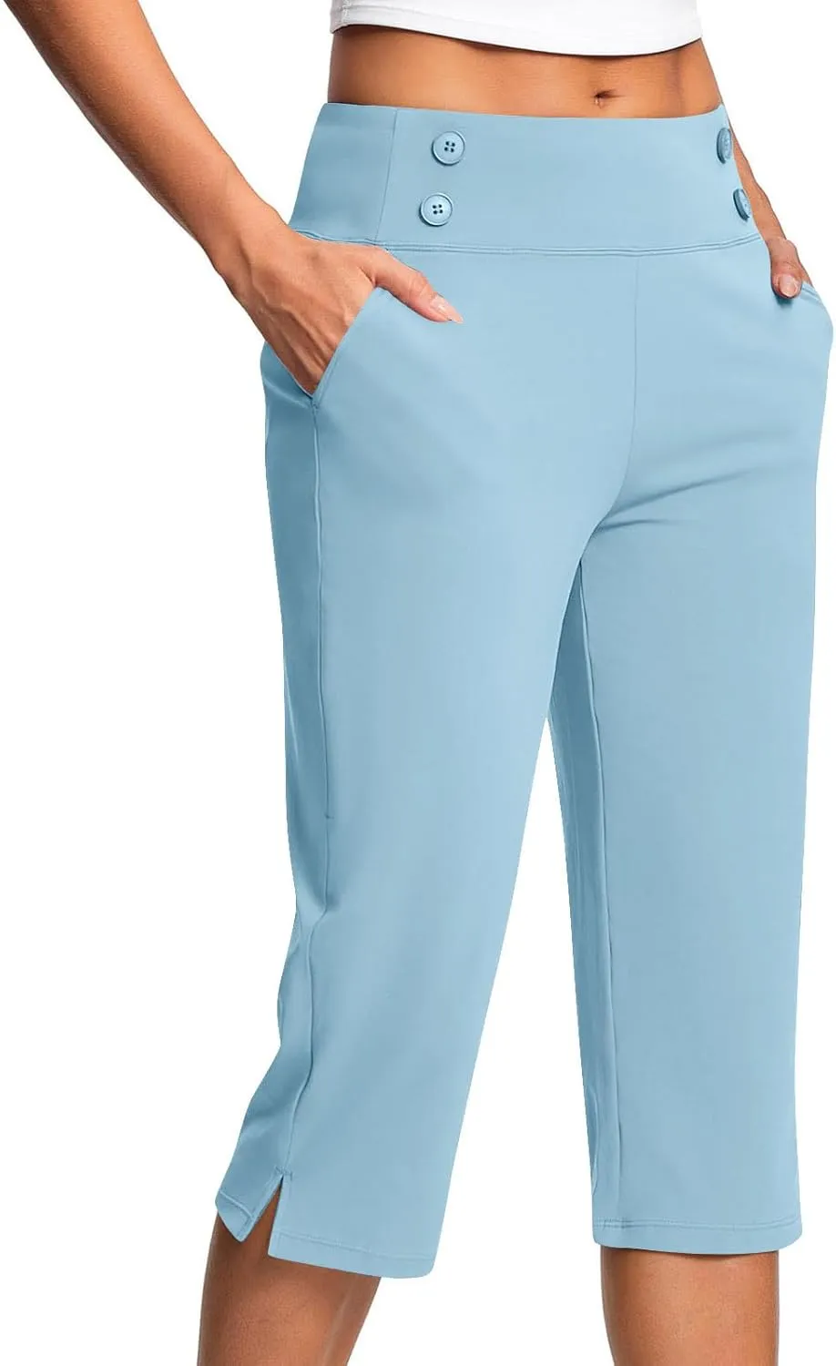 Work Pants Women Elastic Waist Summer Pants for Women with Pockets Button Casual Straight Leg Pull On Capri Trousers