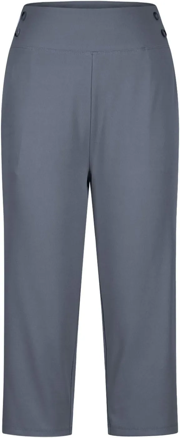 Work Pants Women Elastic Waist Summer Pants for Women with Pockets Button Casual Straight Leg Pull On Capri Trousers