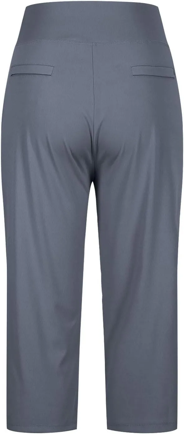 Work Pants Women Elastic Waist Summer Pants for Women with Pockets Button Casual Straight Leg Pull On Capri Trousers