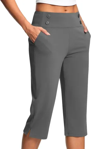 Work Pants Women Elastic Waist Summer Pants for Women with Pockets Button Casual Straight Leg Pull On Capri Trousers