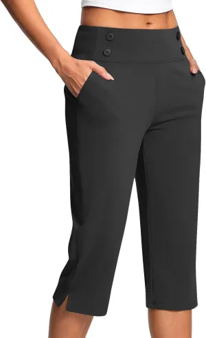 Work Pants Women Elastic Waist Summer Pants for Women with Pockets Button Casual Straight Leg Pull On Capri Trousers