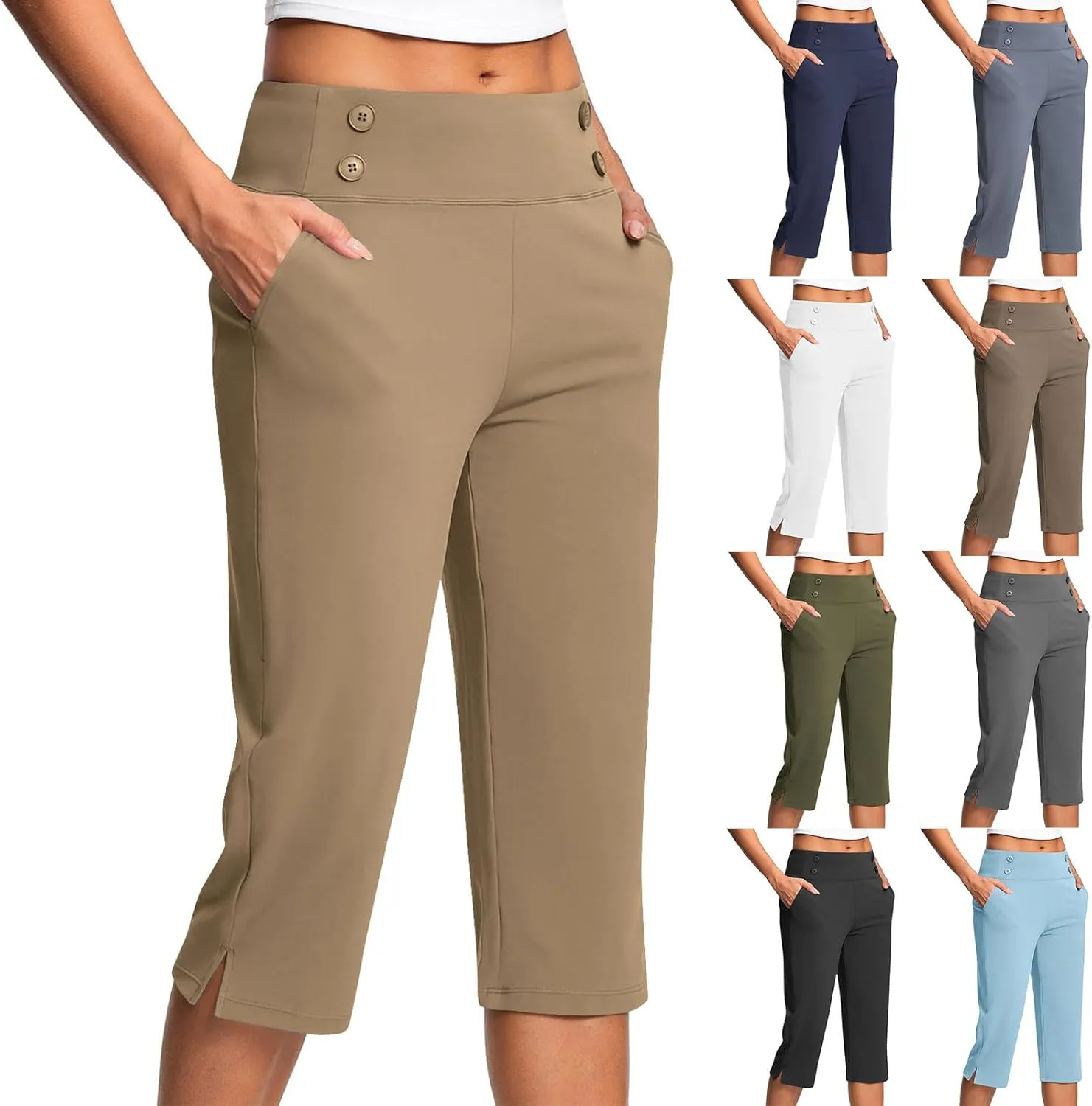 Work Pants Women Elastic Waist Summer Pants for Women with Pockets Button Casual Straight Leg Pull On Capri Trousers