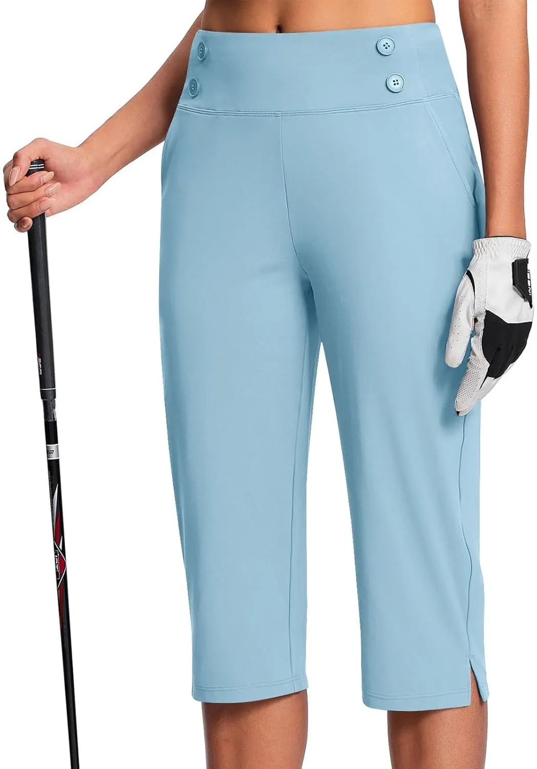 Work Pants Women Elastic Waist Summer Pants for Women with Pockets Button Casual Straight Leg Pull On Capri Trousers