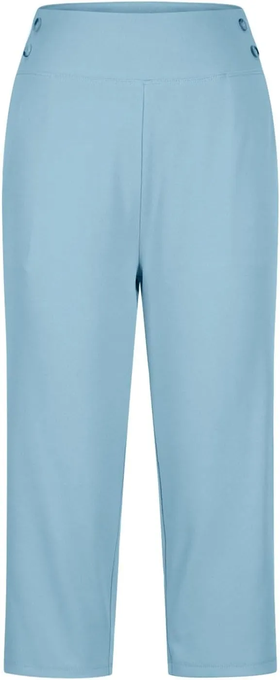 Work Pants Women Elastic Waist Summer Pants for Women with Pockets Button Casual Straight Leg Pull On Capri Trousers