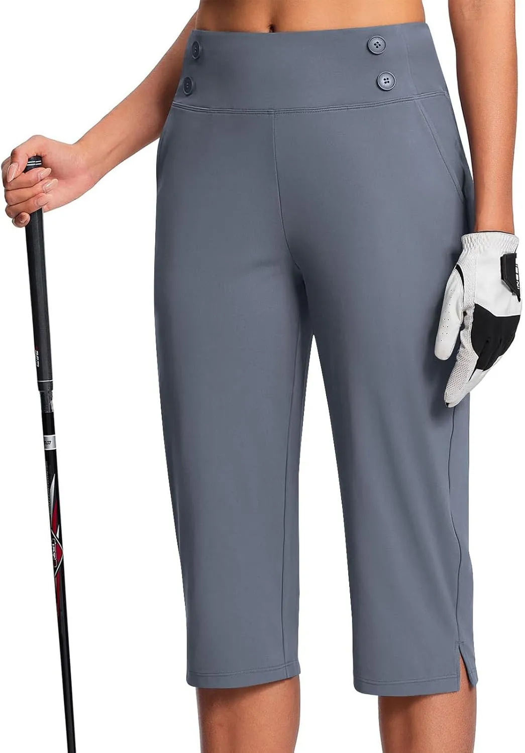 Work Pants Women Elastic Waist Summer Pants for Women with Pockets Button Casual Straight Leg Pull On Capri Trousers