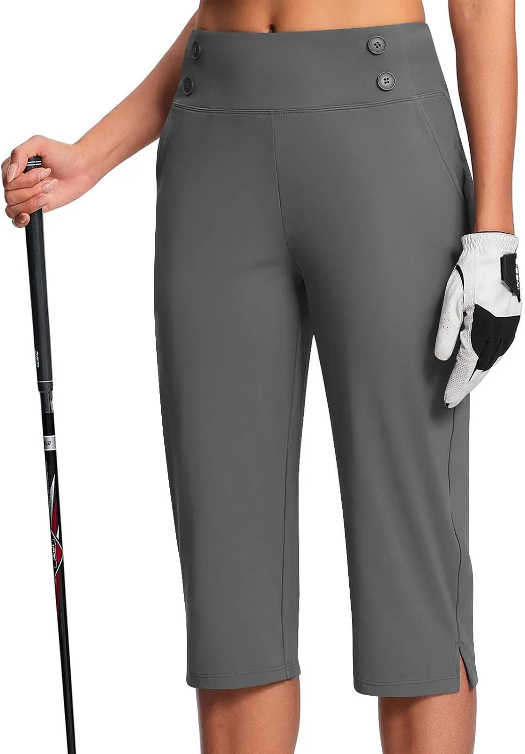 Work Pants Women Elastic Waist Summer Pants for Women with Pockets Button Casual Straight Leg Pull On Capri Trousers