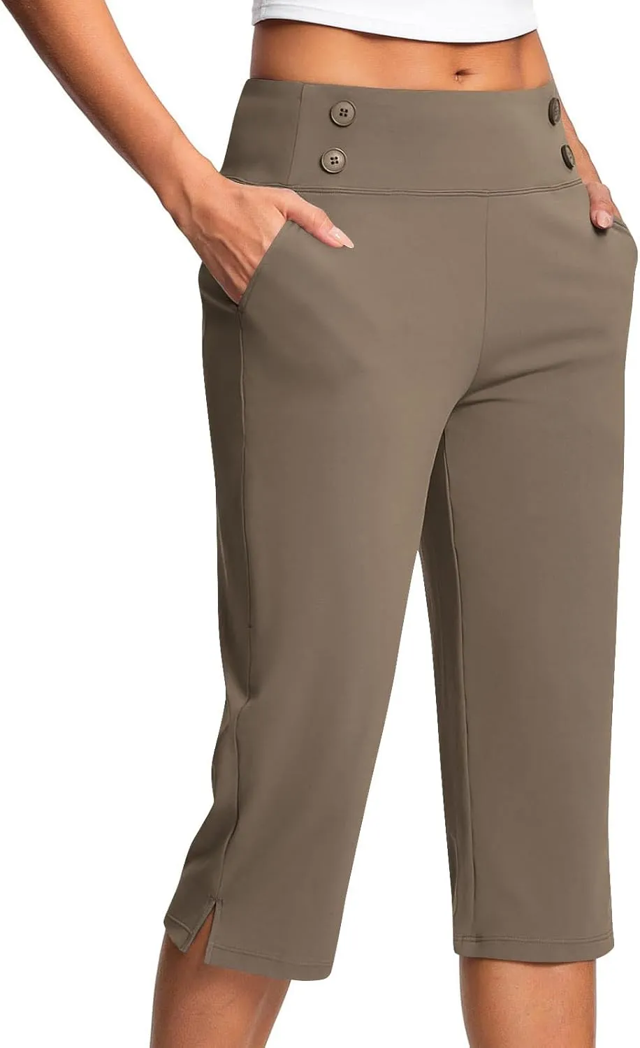Work Pants Women Elastic Waist Summer Pants for Women with Pockets Button Casual Straight Leg Pull On Capri Trousers