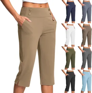 Work Pants Women Elastic Waist Summer Pants for Women with Pockets Button Casual Straight Leg Pull On Capri Trousers