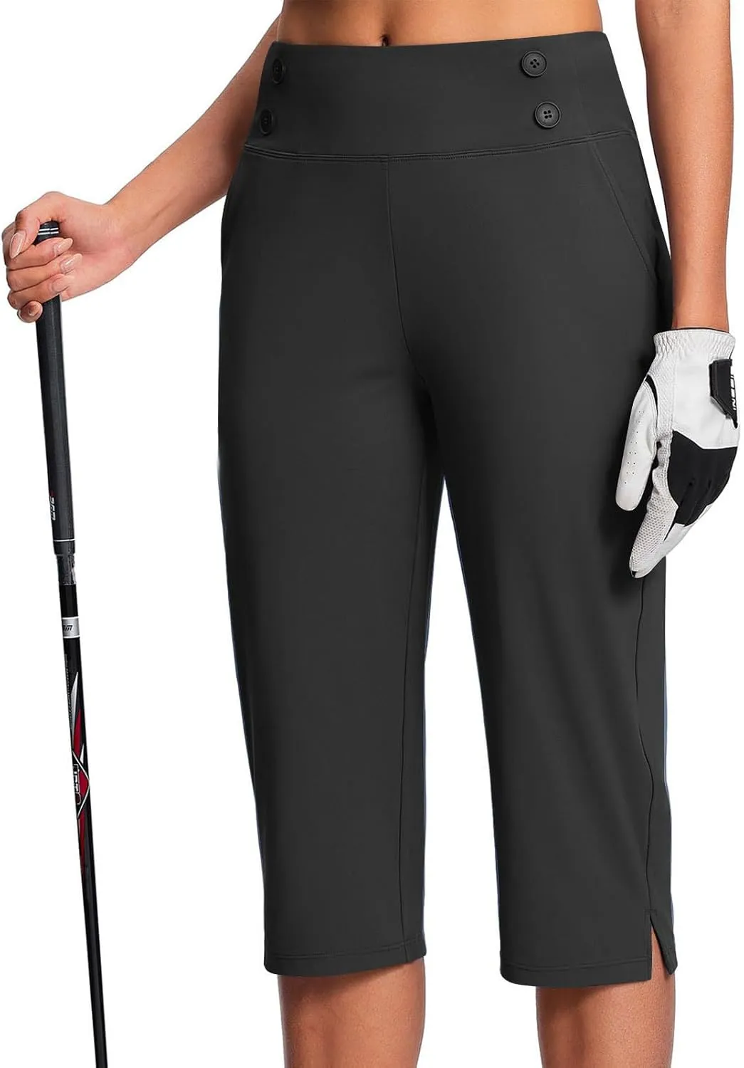Work Pants Women Elastic Waist Summer Pants for Women with Pockets Button Casual Straight Leg Pull On Capri Trousers