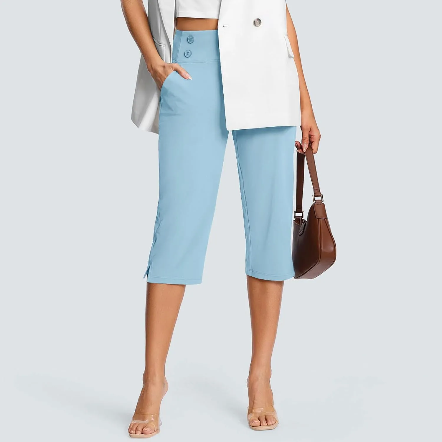 Work Pants Women Elastic Waist Summer Pants for Women with Pockets Button Casual Straight Leg Pull On Capri Trousers