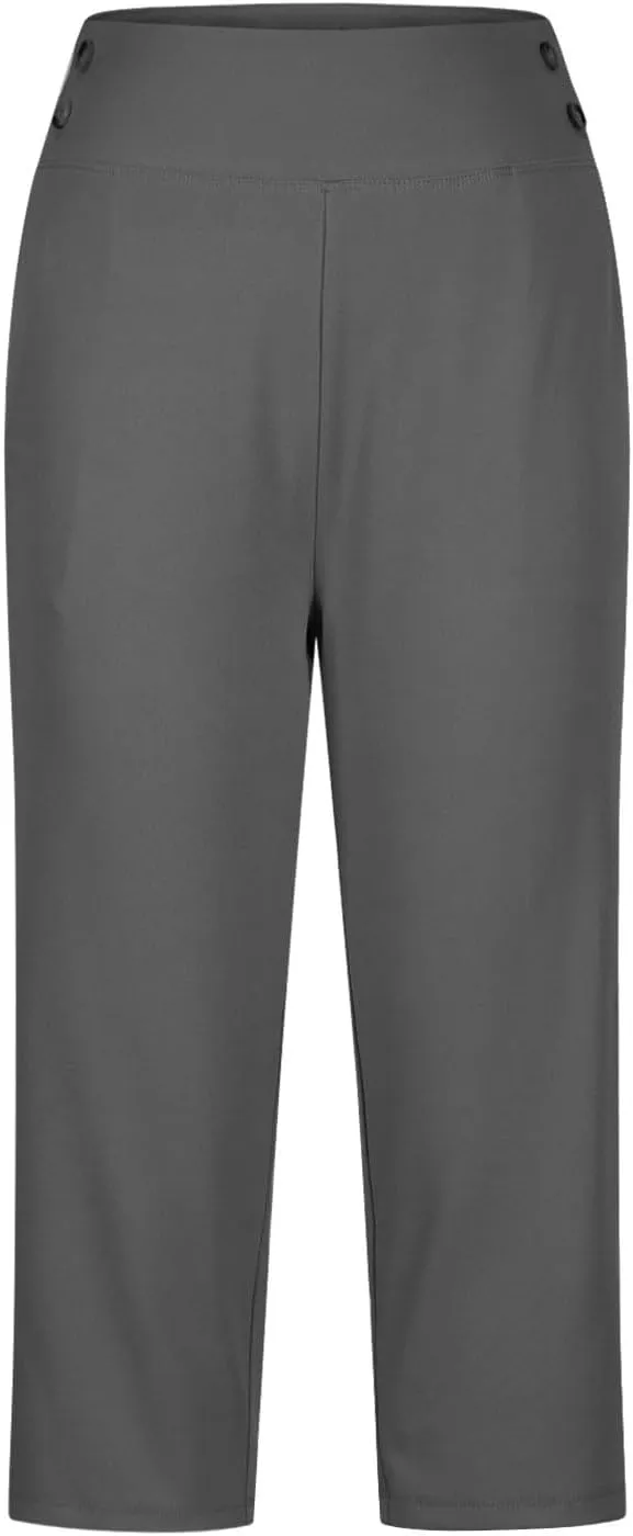 Work Pants Women Elastic Waist Summer Pants for Women with Pockets Button Casual Straight Leg Pull On Capri Trousers