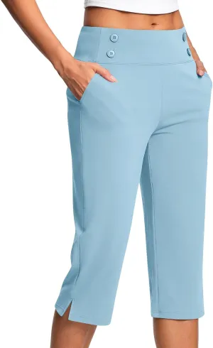 Work Pants Women Elastic Waist Summer Pants for Women with Pockets Button Casual Straight Leg Pull On Capri Trousers