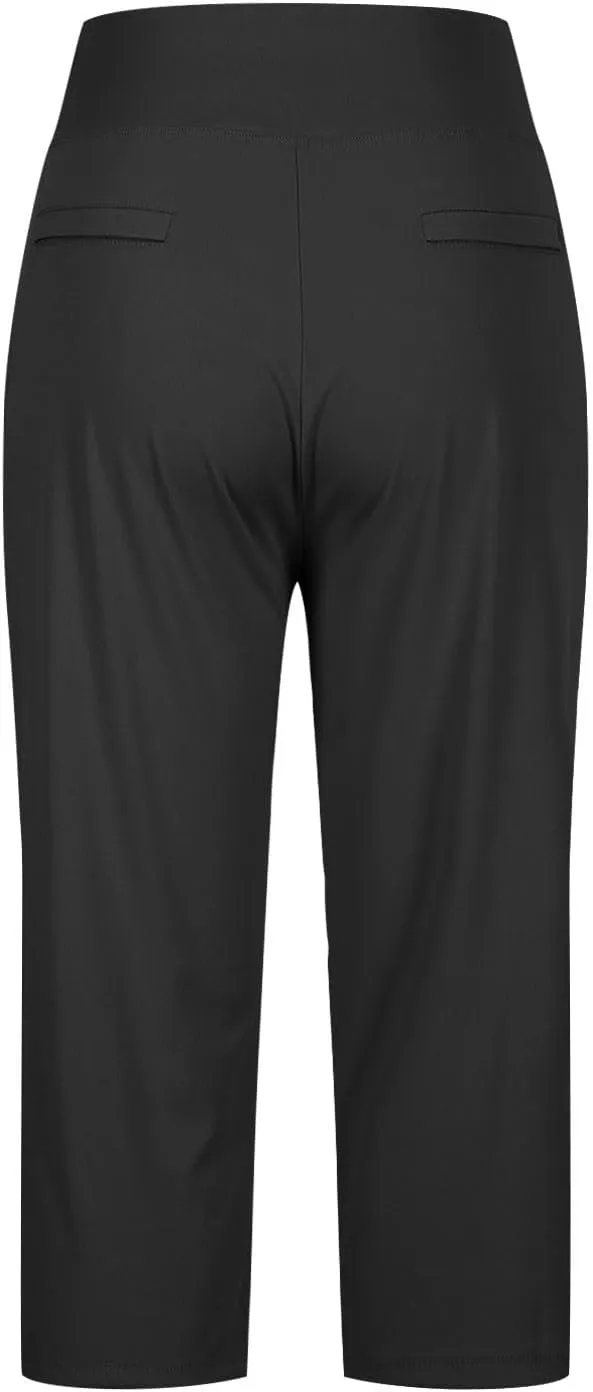 Work Pants Women Elastic Waist Summer Pants for Women with Pockets Button Casual Straight Leg Pull On Capri Trousers