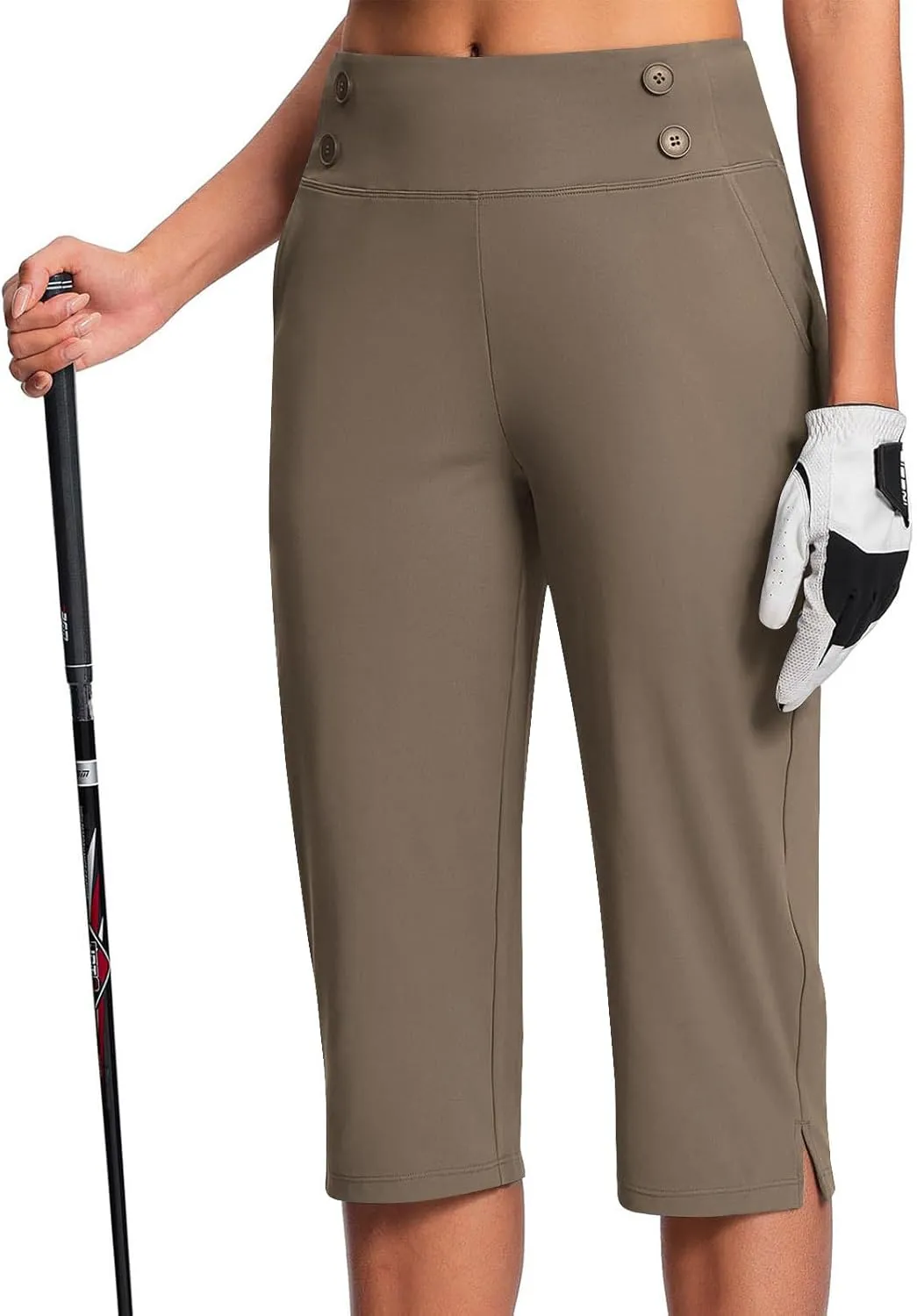 Work Pants Women Elastic Waist Summer Pants for Women with Pockets Button Casual Straight Leg Pull On Capri Trousers