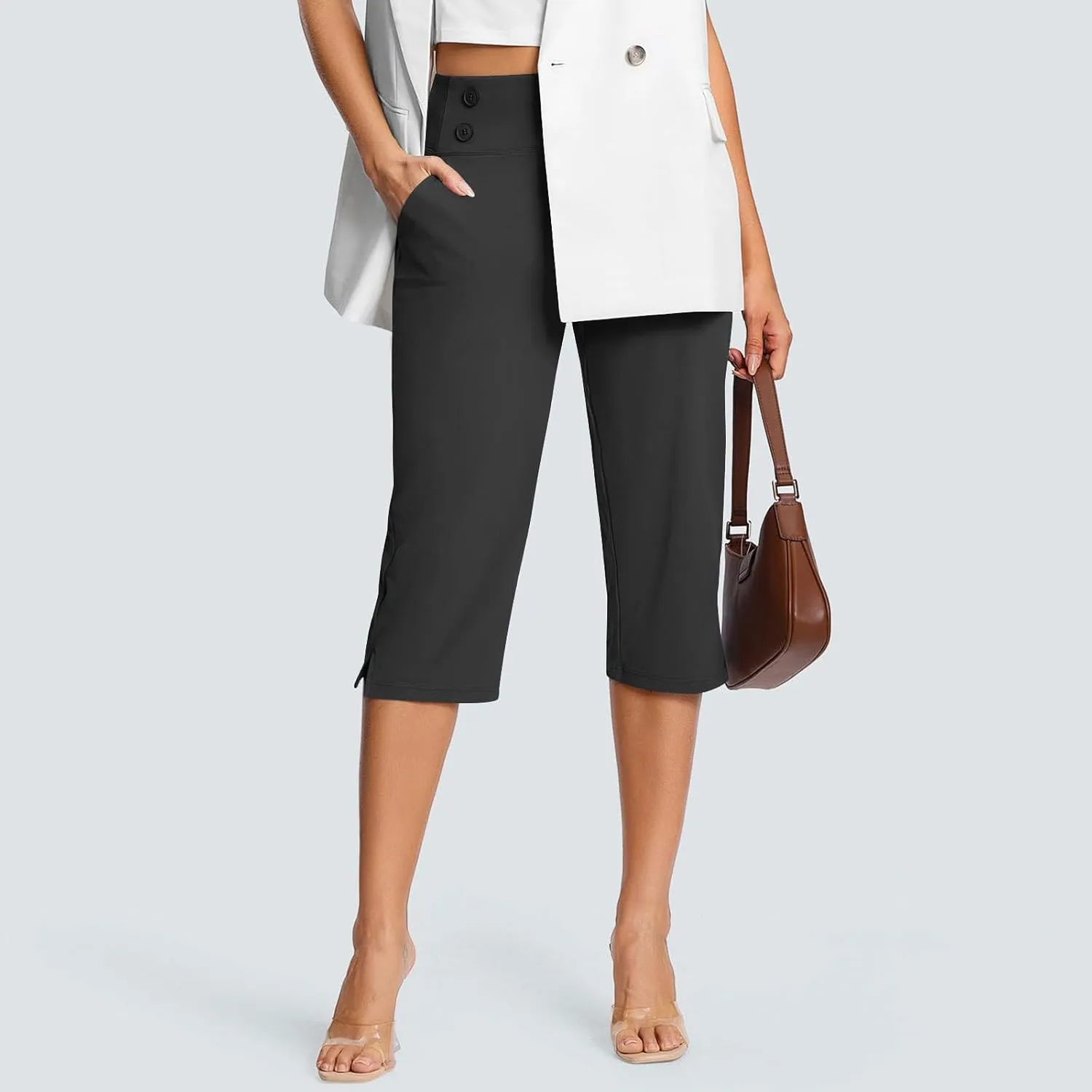 Work Pants Women Elastic Waist Summer Pants for Women with Pockets Button Casual Straight Leg Pull On Capri Trousers