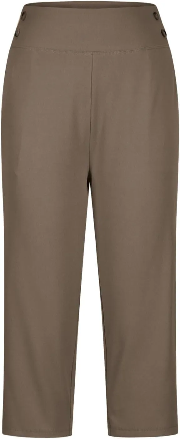 Work Pants Women Elastic Waist Summer Pants for Women with Pockets Button Casual Straight Leg Pull On Capri Trousers