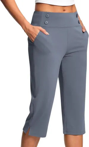 Work Pants Women Elastic Waist Summer Pants for Women with Pockets Button Casual Straight Leg Pull On Capri Trousers