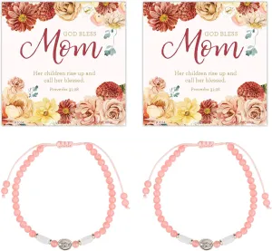 Wowser God Bless Mom Miraculous Medal Bracelet with Prayer Card, 7 Inch Adjustable, Pink Glass Beads, 2 Pack