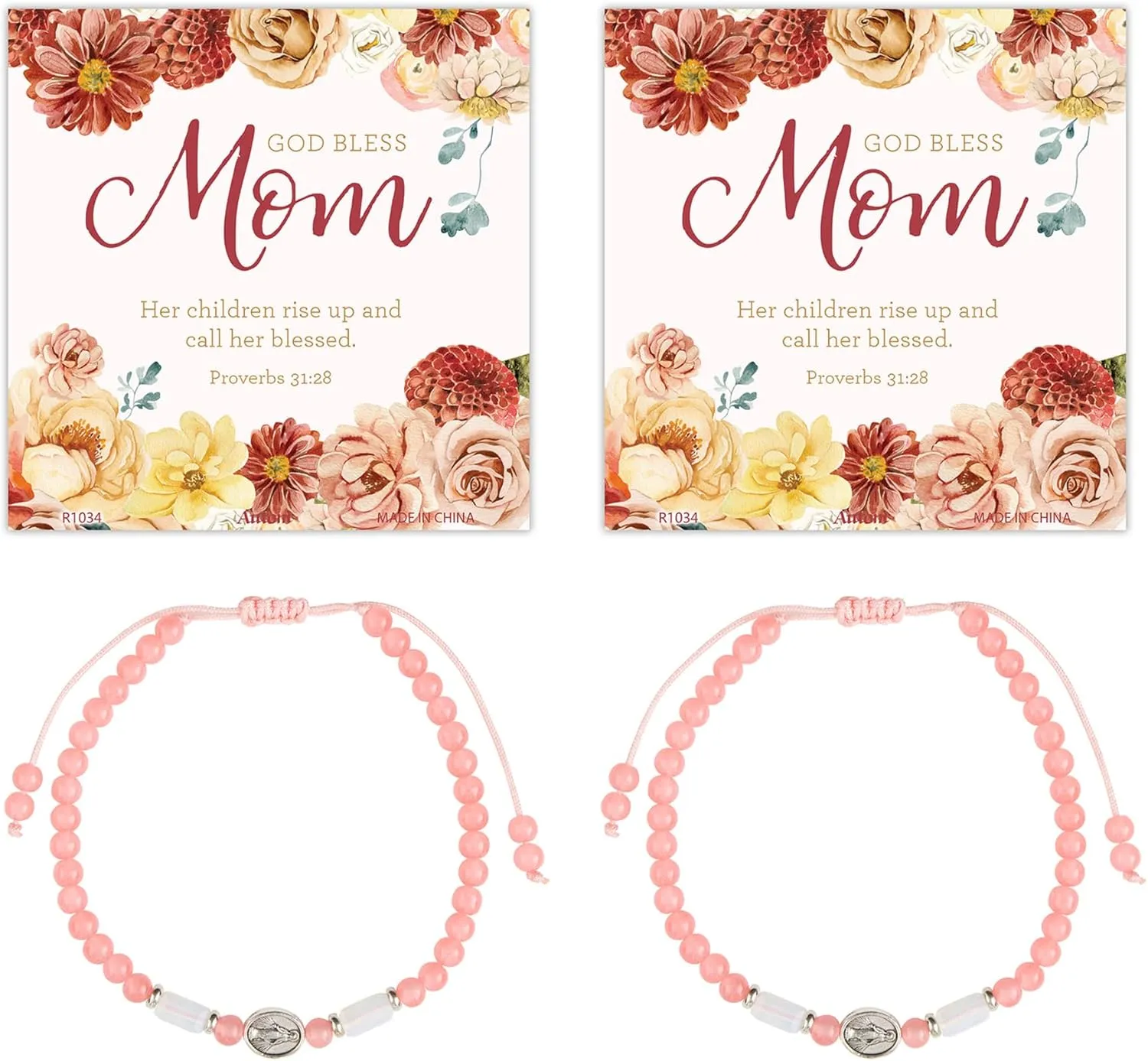 Wowser God Bless Mom Miraculous Medal Bracelet with Prayer Card, 7 Inch Adjustable, Pink Glass Beads, 2 Pack