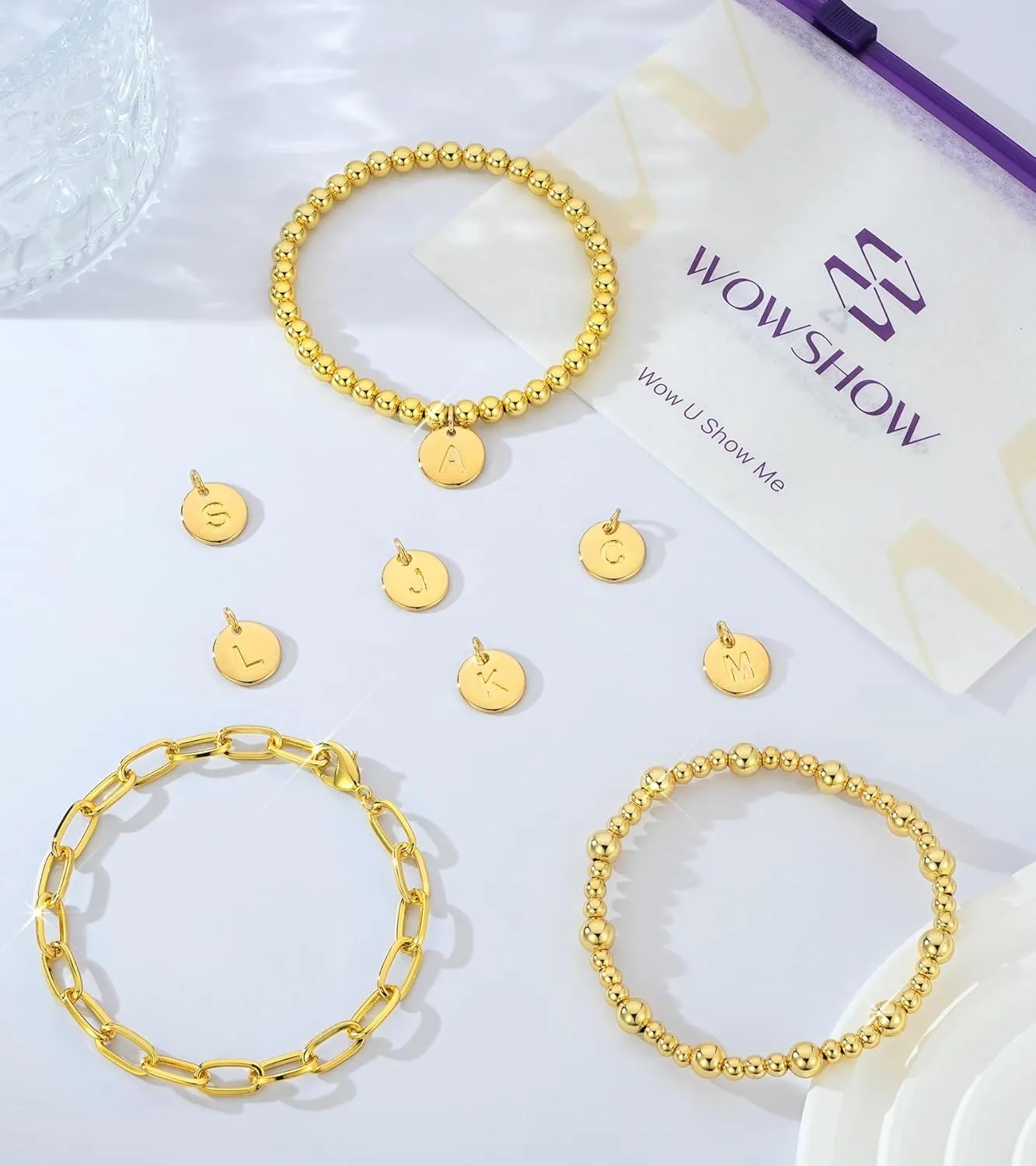 Wowshow Gold Bracelets for Women Strand Gold Beaded Bracelets for Women Initial Bracelet with A-Z Letter Gold Bracelet Stack Set 14K Gold Plated Bead Ball Bracelet Gold Jewelry Gifts for Women
