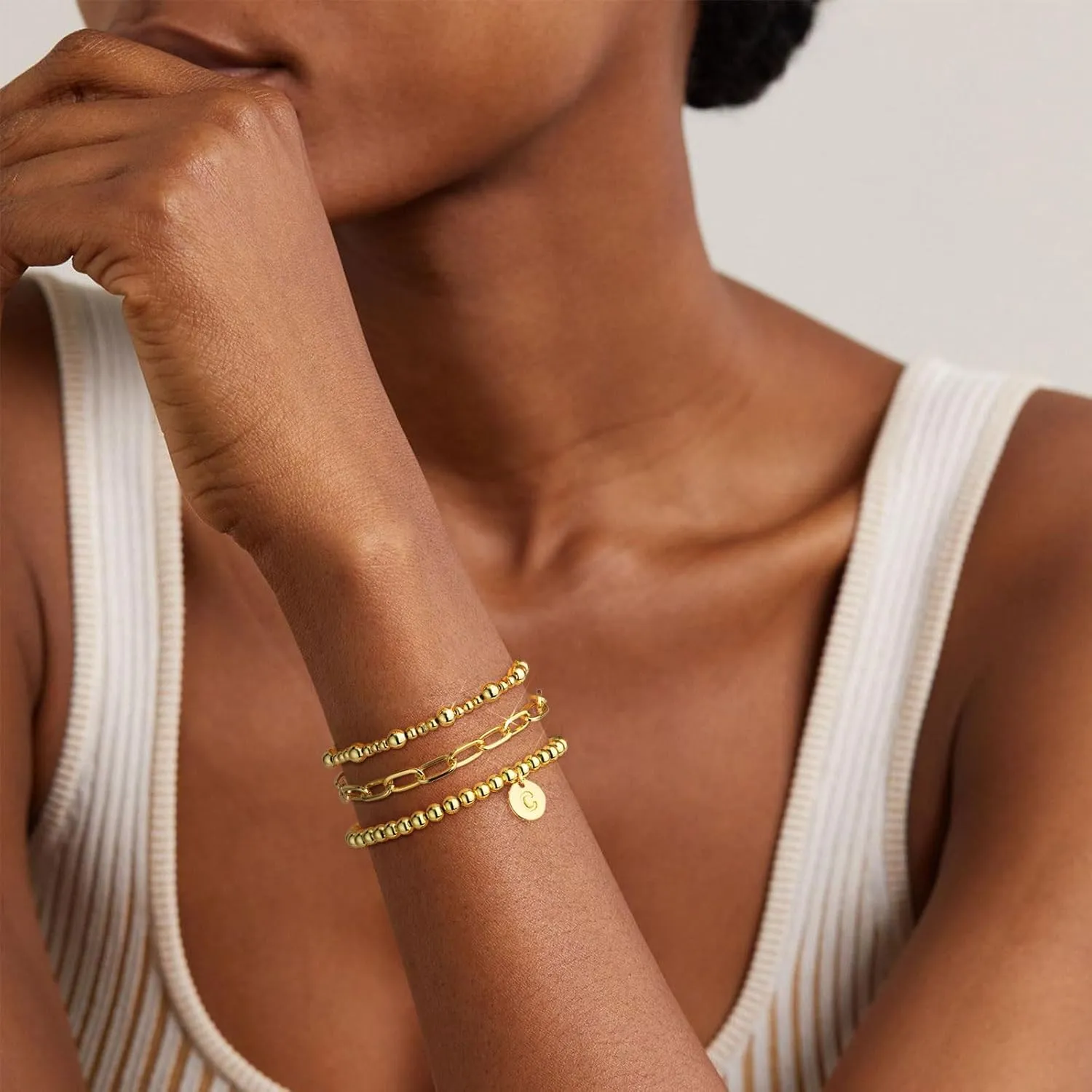Wowshow Gold Bracelets for Women Strand Gold Beaded Bracelets for Women Initial Bracelet with A-Z Letter Gold Bracelet Stack Set 14K Gold Plated Bead Ball Bracelet Gold Jewelry Gifts for Women