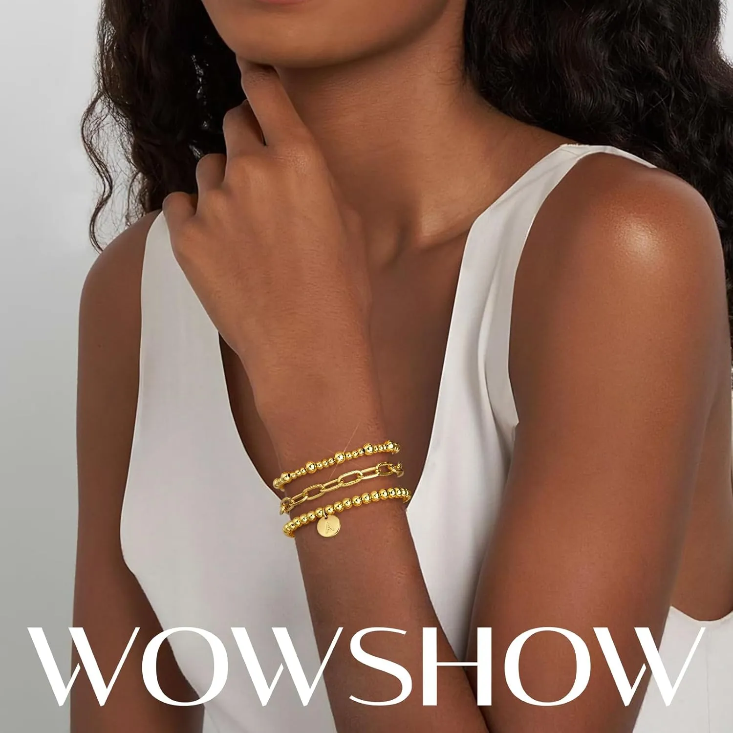 Wowshow Gold Bracelets for Women Strand Gold Beaded Bracelets for Women Initial Bracelet with A-Z Letter Gold Bracelet Stack Set 14K Gold Plated Bead Ball Bracelet Gold Jewelry Gifts for Women