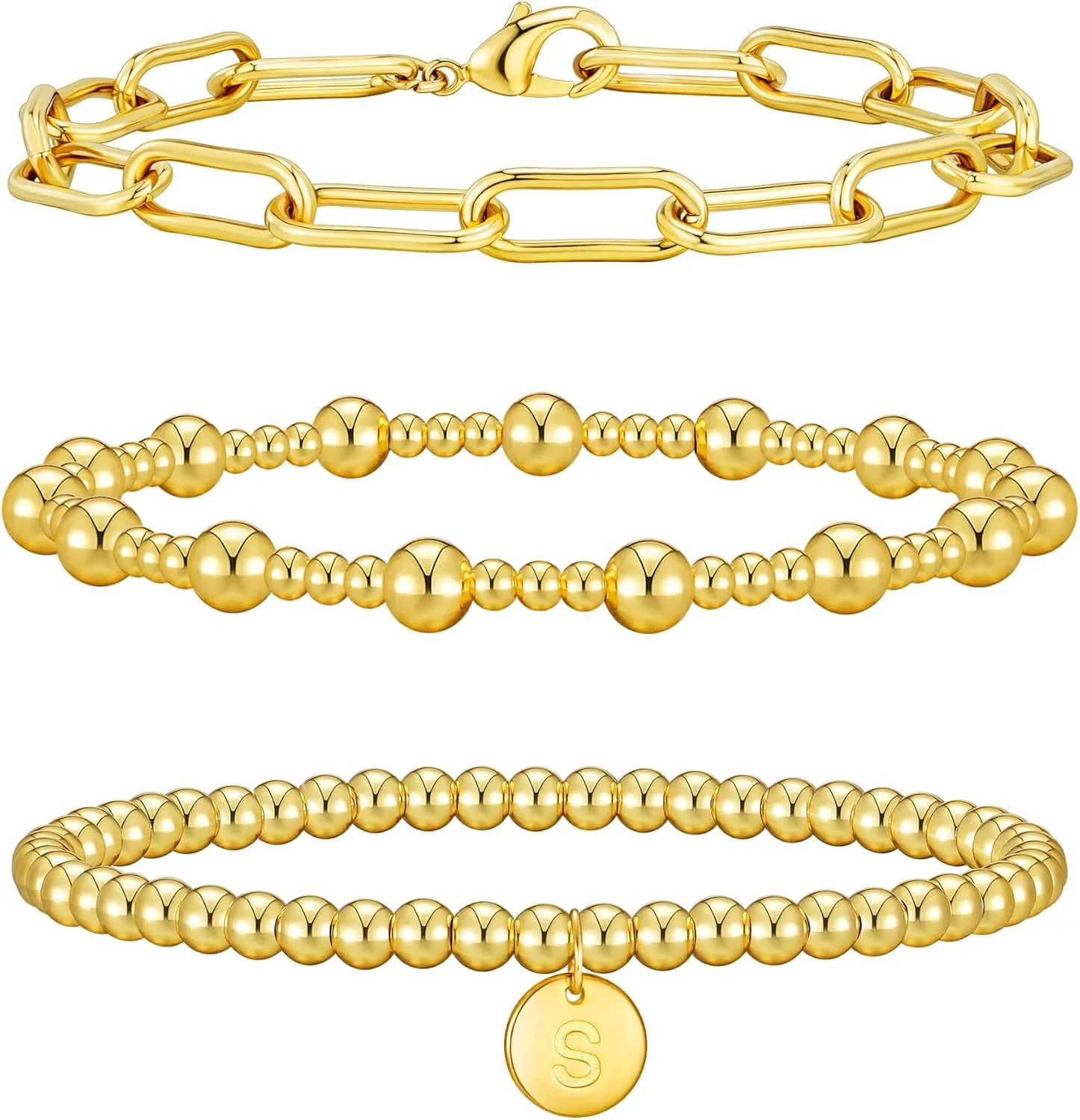 Wowshow Gold Bracelets for Women Strand Gold Beaded Bracelets for Women Initial Bracelet with A-Z Letter Gold Bracelet Stack Set 14K Gold Plated Bead Ball Bracelet Gold Jewelry Gifts for Women