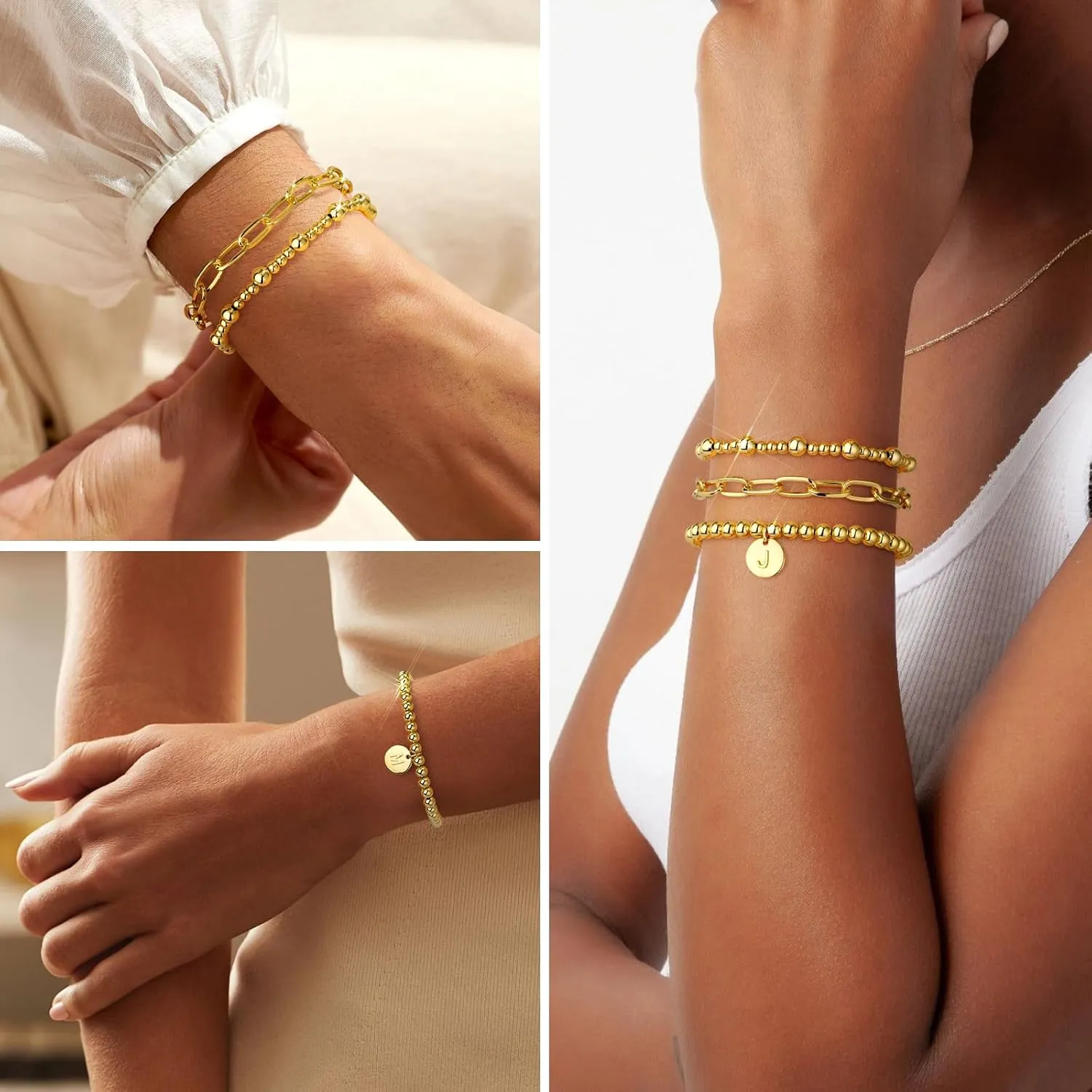 Wowshow Gold Bracelets for Women Strand Gold Beaded Bracelets for Women Initial Bracelet with A-Z Letter Gold Bracelet Stack Set 14K Gold Plated Bead Ball Bracelet Gold Jewelry Gifts for Women