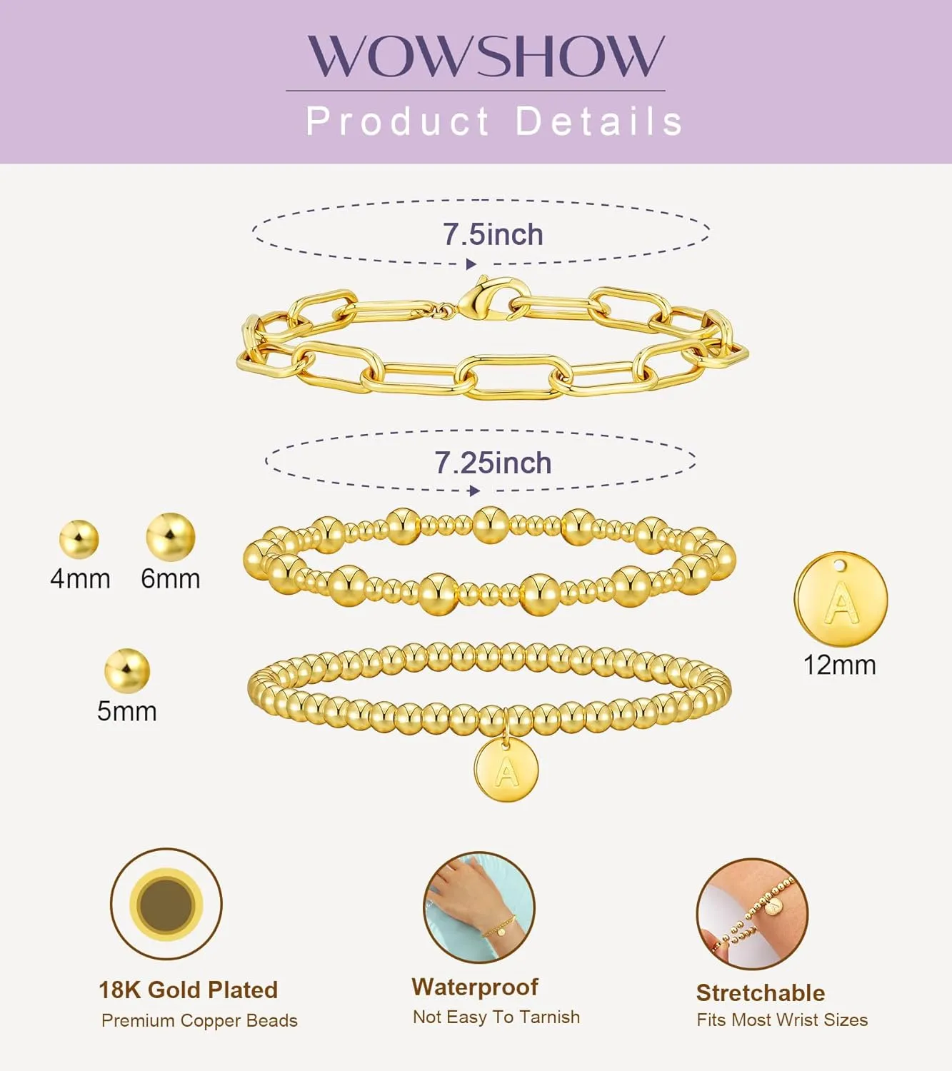 Wowshow Gold Bracelets for Women Strand Gold Beaded Bracelets for Women Initial Bracelet with A-Z Letter Gold Bracelet Stack Set 14K Gold Plated Bead Ball Bracelet Gold Jewelry Gifts for Women