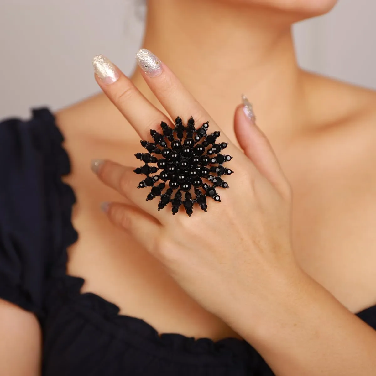 Xerling Elegant Floral Pearl Statement Big Cocktail Rings for Women Boho Rings Aesthetic Rhinestone Finger Rings for Teens Party Prom
