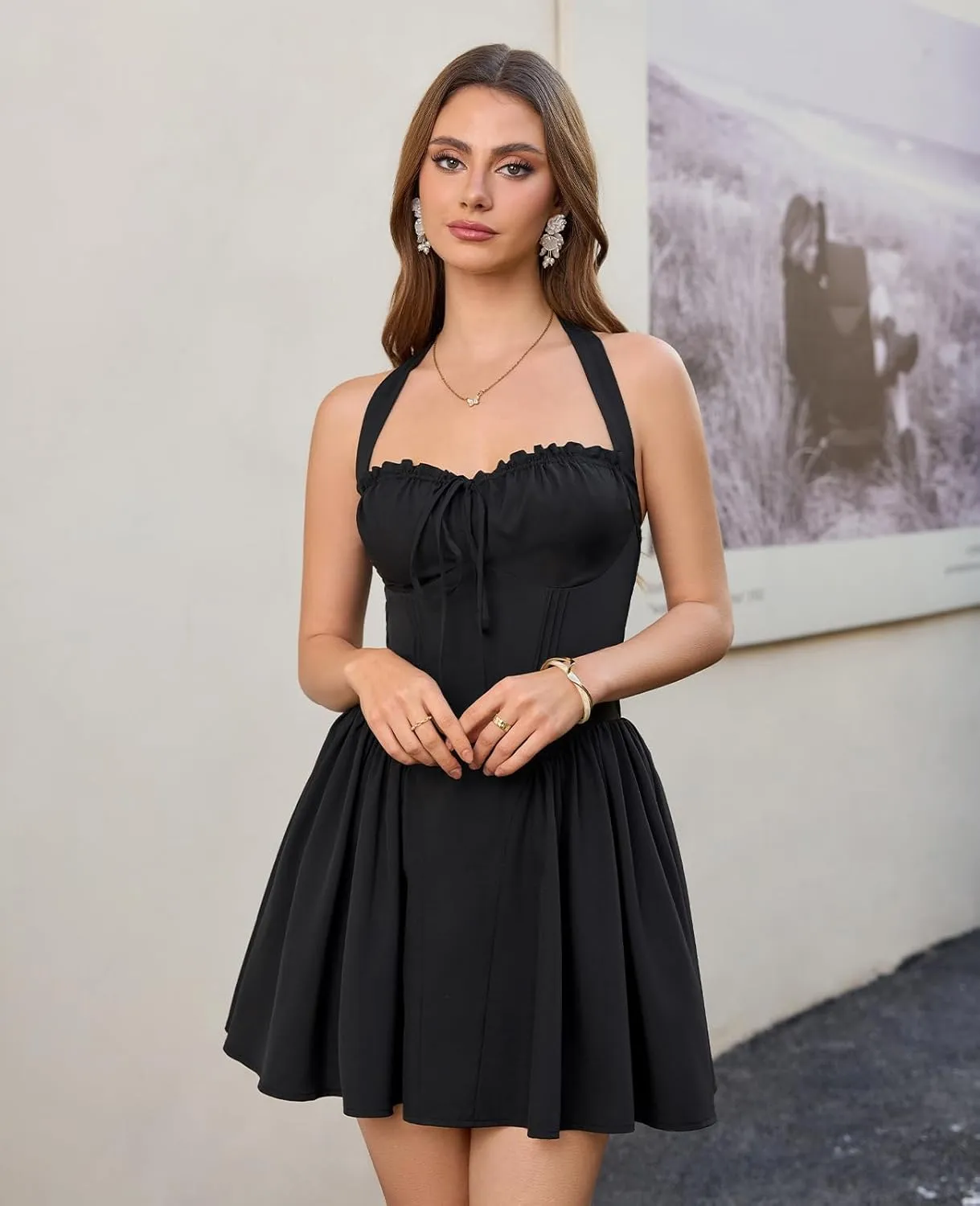 XinFSh Women's Summer Halter Corset Mini Dress Sleeveless Flowy A Line Milkmaid Short Sundress Graduation Party Dresses