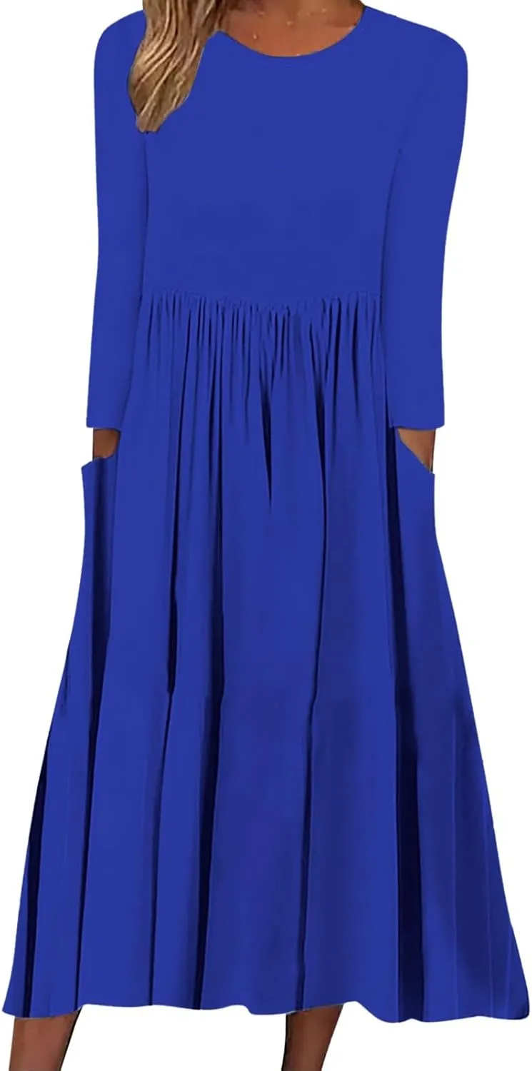XOWRTE 3/4 Sleeve Tshirt Dress for Women 2024 Casual Plus Size Fall Midi Dress Boho Loose Flowy Long Dresses with Pockets