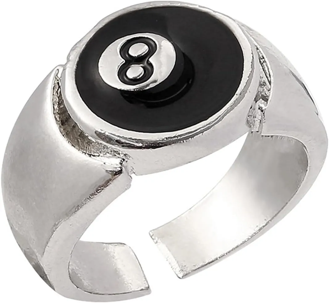 Y2K Style 8 Ball Chunky Ring for Men - Adjustable Statement Billiard Style Ring, Black Number 8 Ball Open Ring for Billiards Lover