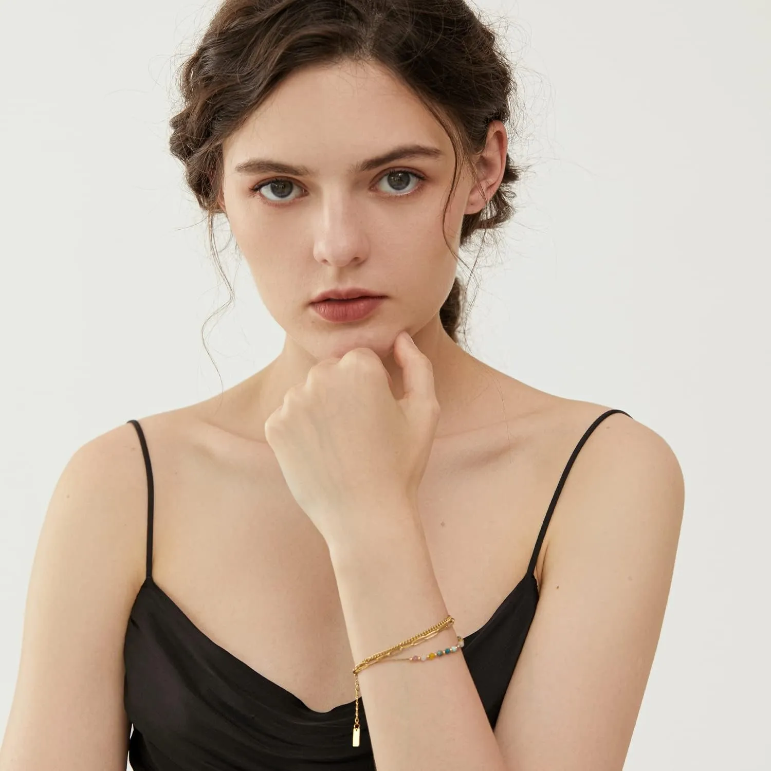 YADUDA Layered Bracelets Dainty Gold Bracelets for Women Chain Link Paperclip with Malachite Colorful Mixed Stones Blue Turquoise Rhodochrosite Adjustable 14K Gold Plated Boho Bracelets for Women