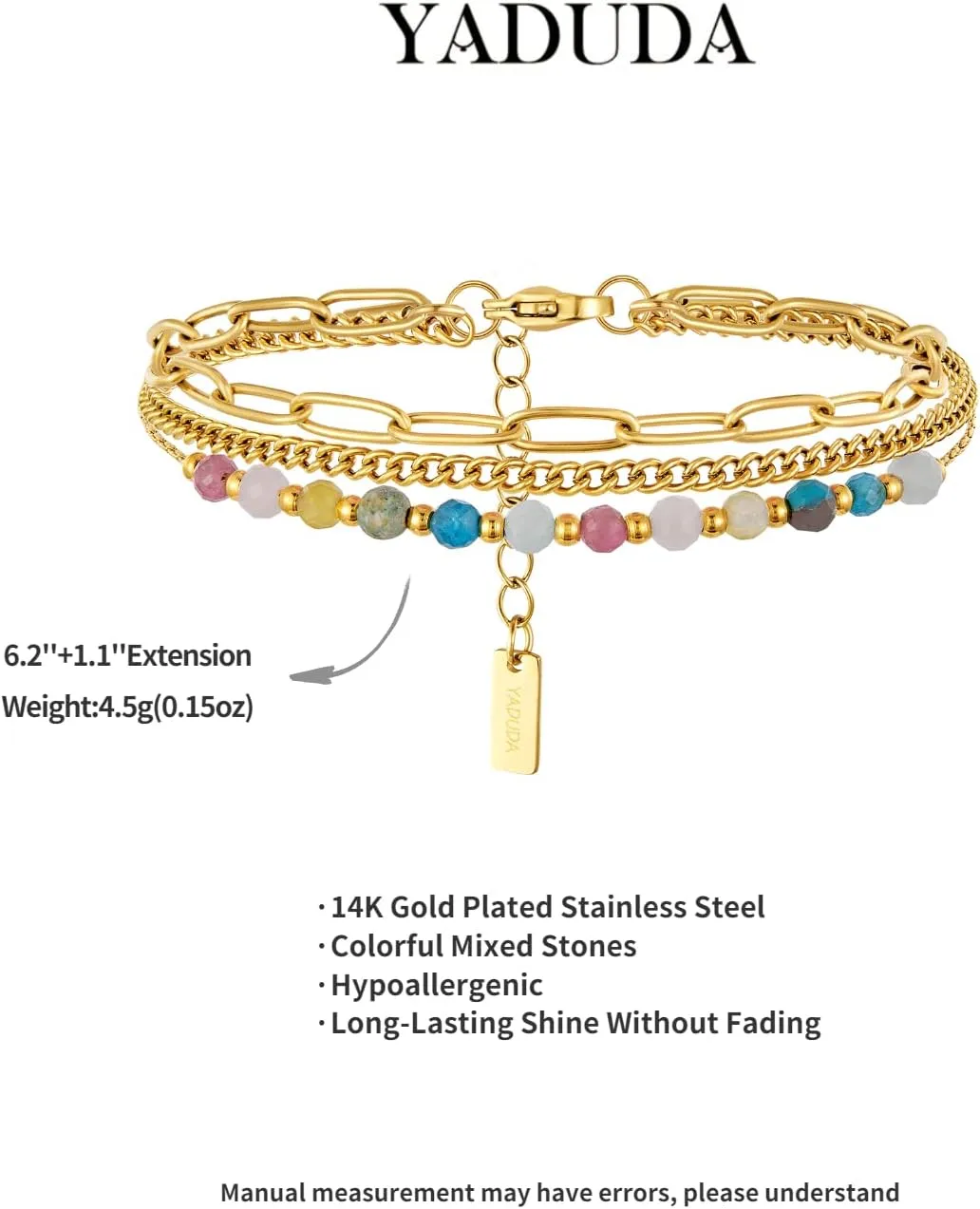 YADUDA Layered Bracelets Dainty Gold Bracelets for Women Chain Link Paperclip with Malachite Colorful Mixed Stones Blue Turquoise Rhodochrosite Adjustable 14K Gold Plated Boho Bracelets for Women