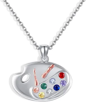 YAFEINI Paint Palette Necklace 925 Sterling Silver Artist Paint Palette And Brush Pendant Jewelry With Pensents Box