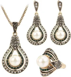 YAZILIND Vintage Women's Party Banquet Imitation Pearls Pendant Necklace Earrings Rings Elegant Wedding Bridal Jewelry Set