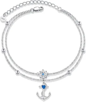 YFN Anchor Anklet 925 Sterling Silver Anchor and Ship Wheel Layered Ankle Bracelet Nautical Sailor Jewelry Gifts for Women