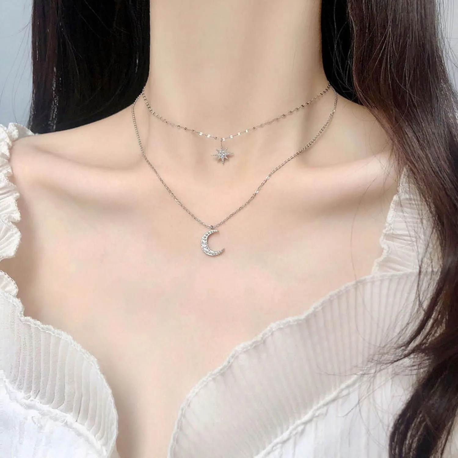YienDoo Boho Layered Star Moon Choker Necklace Chain Silver Crescent Octagram Star Pendant Necklace Funky Rhinestone Moon Necklaces Stars Choker Stacked Necklaces Jewelry for Women