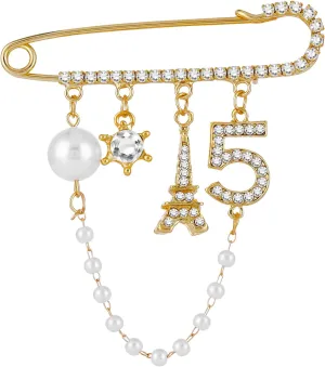 Yolev Number 5 Lapel Pins and Brooches Vintage Imitating Pearl Rhinestone Crystal Brooch Pin for Women Rhinestone Jewelry