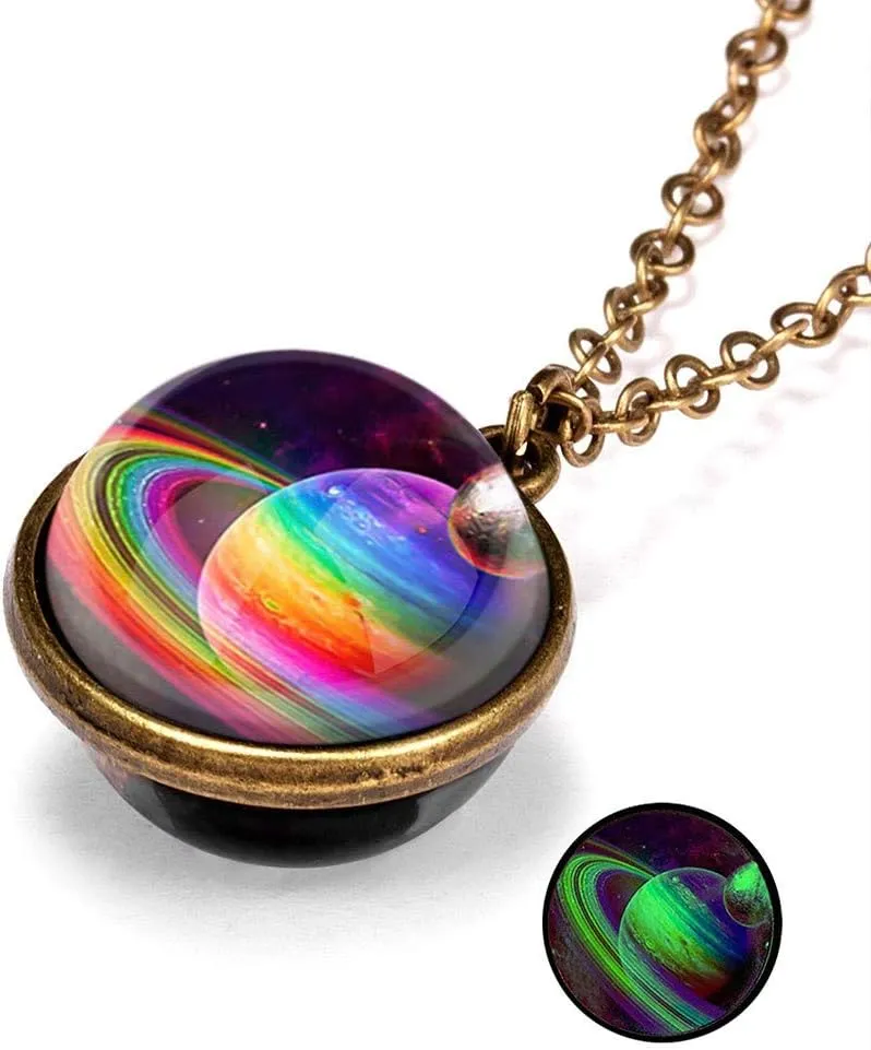 Yu2d Glow in The Dark Galaxy System Double Sided Glass Dome Planet Necklace Pendant Valentine's Day Gifts (G)