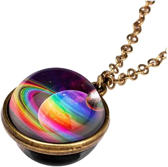 Yu2d Glow in The Dark Galaxy System Double Sided Glass Dome Planet Necklace Pendant Valentine's Day Gifts (G)