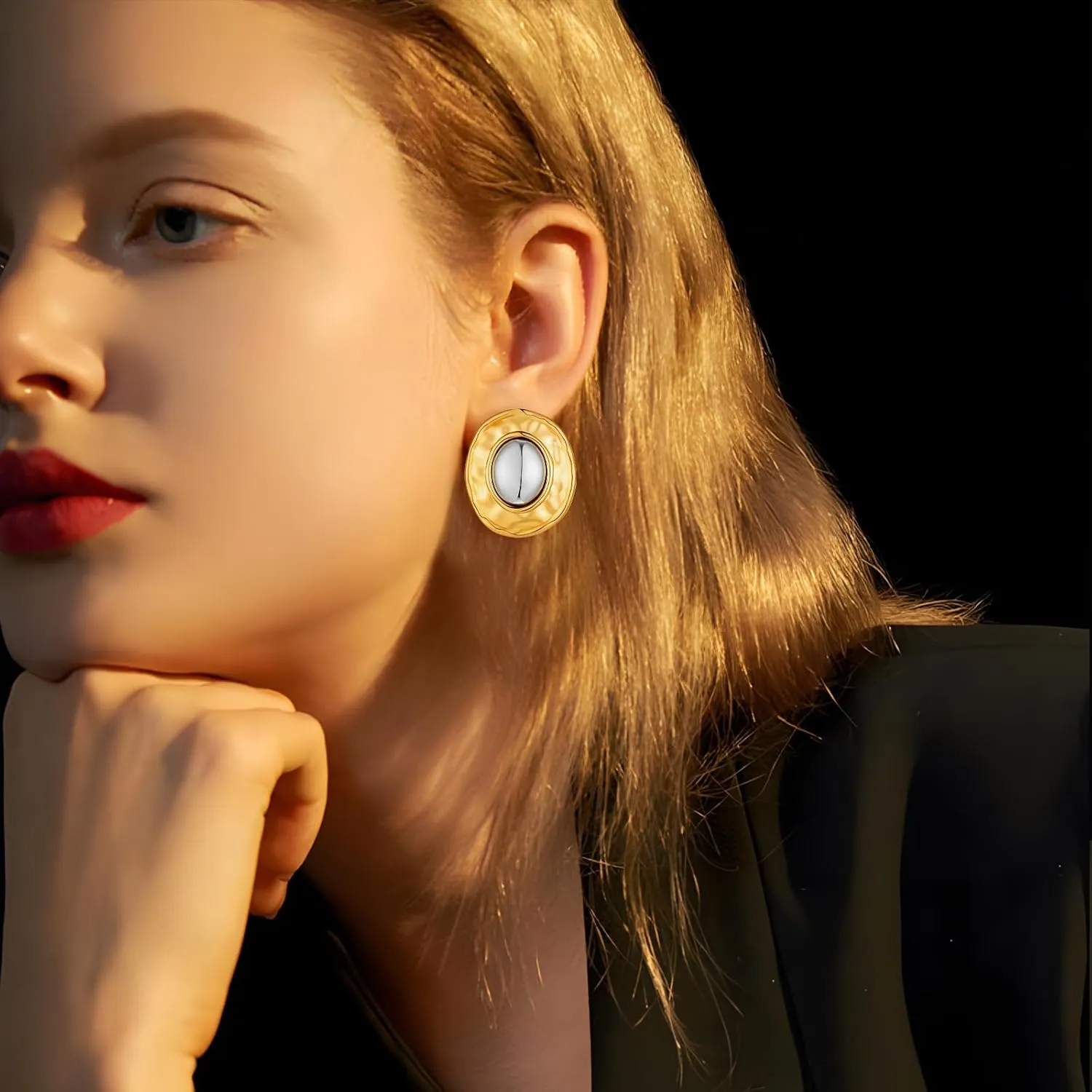 YUJIE Two Tone Studs Earrings Gold and Silver Mixed Metal Earrings for Women Gold Plated Chunky Round Teardrop Earring Thick Trendy Modern Jewelry
