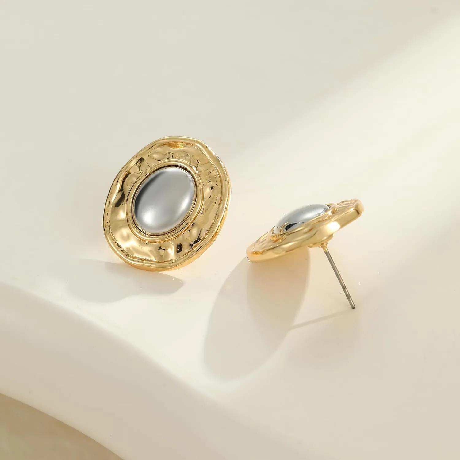 YUJIE Two Tone Studs Earrings Gold and Silver Mixed Metal Earrings for Women Gold Plated Chunky Round Teardrop Earring Thick Trendy Modern Jewelry