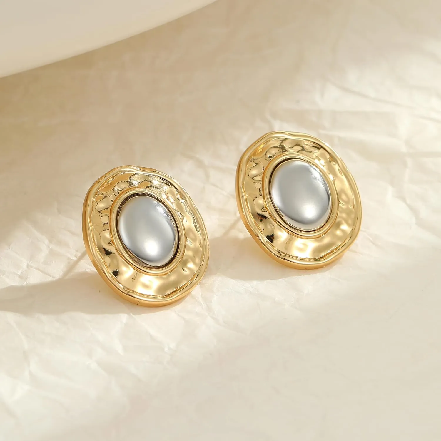 YUJIE Two Tone Studs Earrings Gold and Silver Mixed Metal Earrings for Women Gold Plated Chunky Round Teardrop Earring Thick Trendy Modern Jewelry