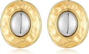 YUJIE Two Tone Studs Earrings Gold and Silver Mixed Metal Earrings for Women Gold Plated Chunky Round Teardrop Earring Thick Trendy Modern Jewelry