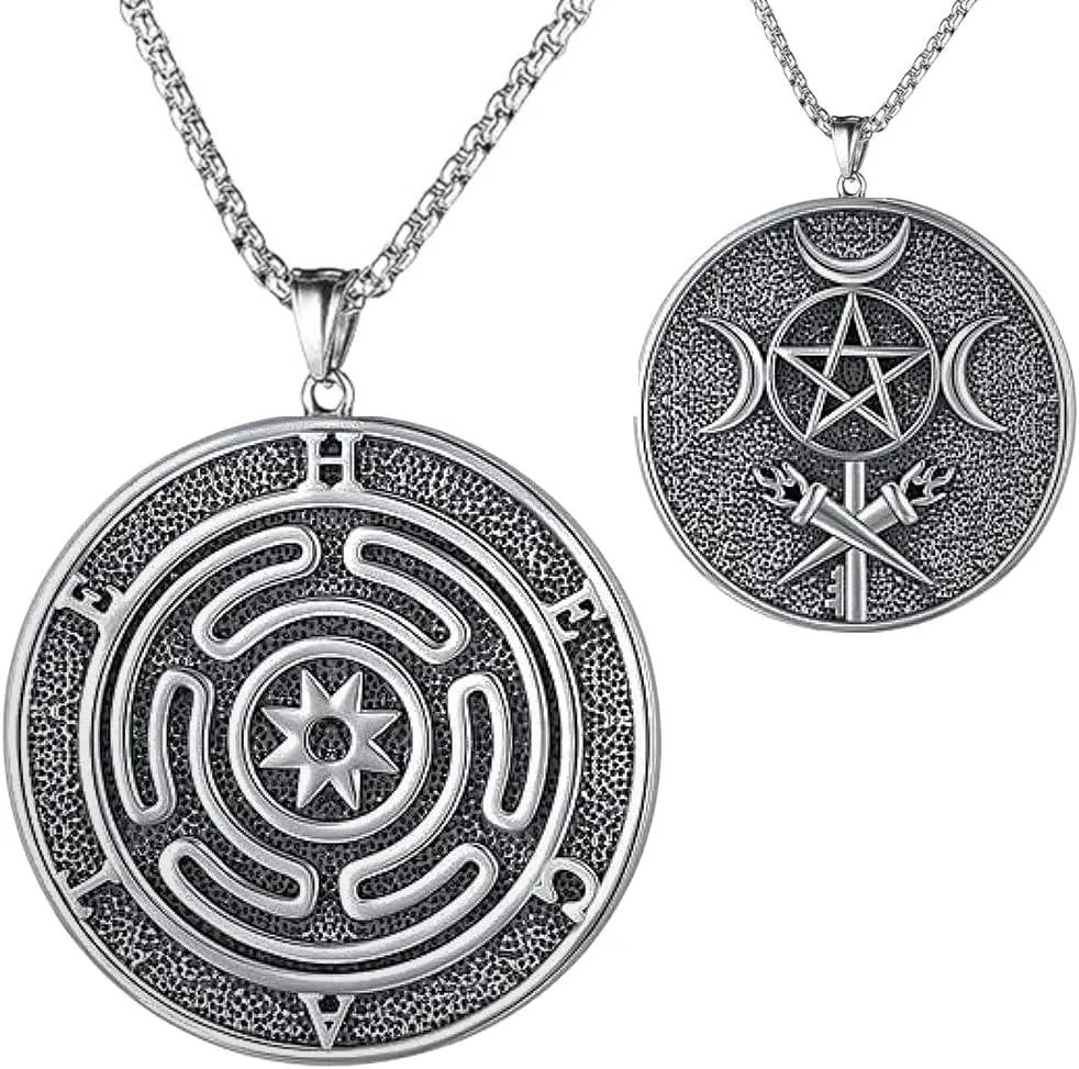YWMAN Hecate Necklace for Women Men, Triple Moon Goddess & Hekate Wheel Pendant, Mystical Stainless Steel Jewelry for Witchcraft, Wiccan Gifts, Spiritual Protection & Magic