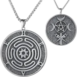 YWMAN Hecate Necklace for Women Men, Triple Moon Goddess & Hekate Wheel Pendant, Mystical Stainless Steel Jewelry for Witchcraft, Wiccan Gifts, Spiritual Protection & Magic