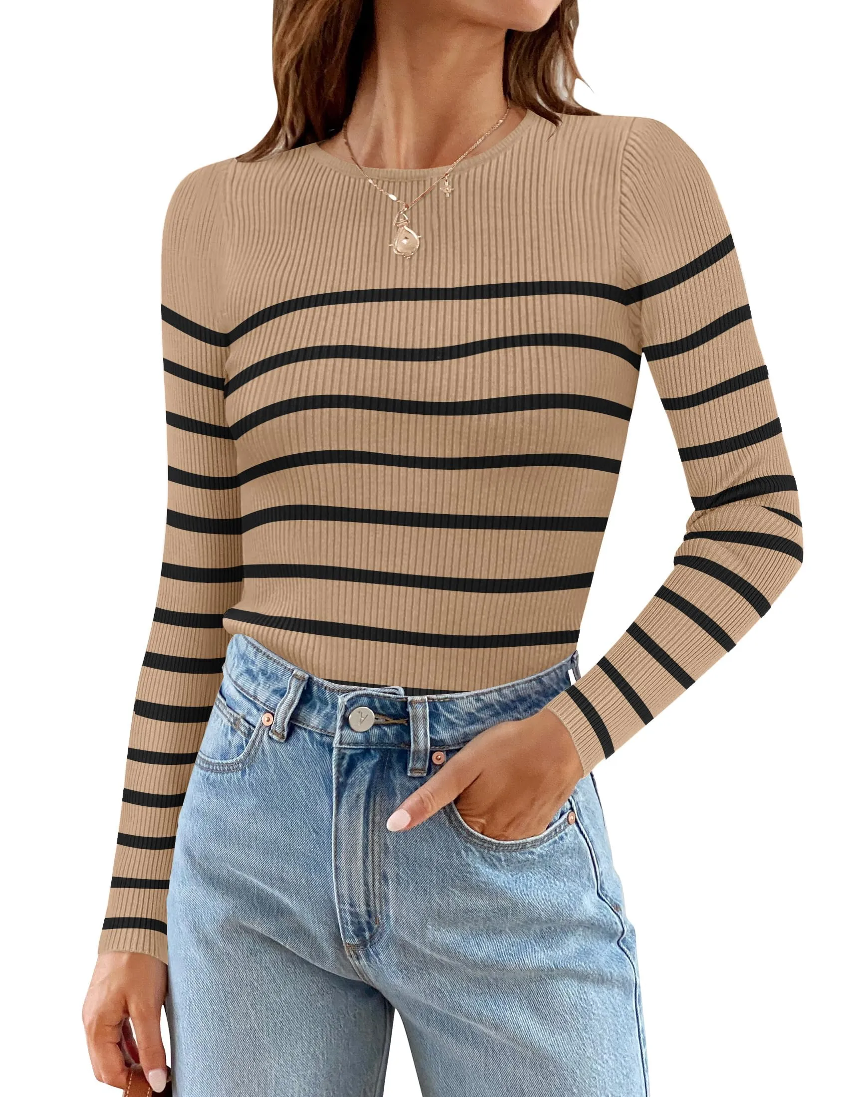ZESICA Long Sleeve Crewneck Striped Ribbed Knit Top